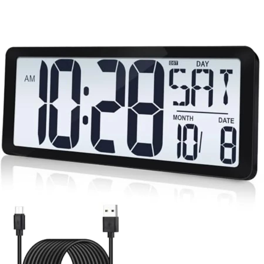 Orologio da Parete Digitale LCD Ricaricabile da 15 Pollici con Retroilluminazione, Luce Notturna e Visualizzazione di Settimana, Data e Ora