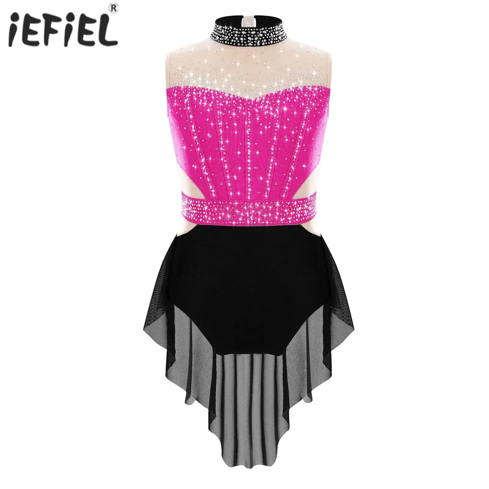 Vestito da ballo per balletto per bambina, danza lirica, costume da pattinaggio di figura, senza maniche, con strass lucidi, body con gonna patchwork in rete