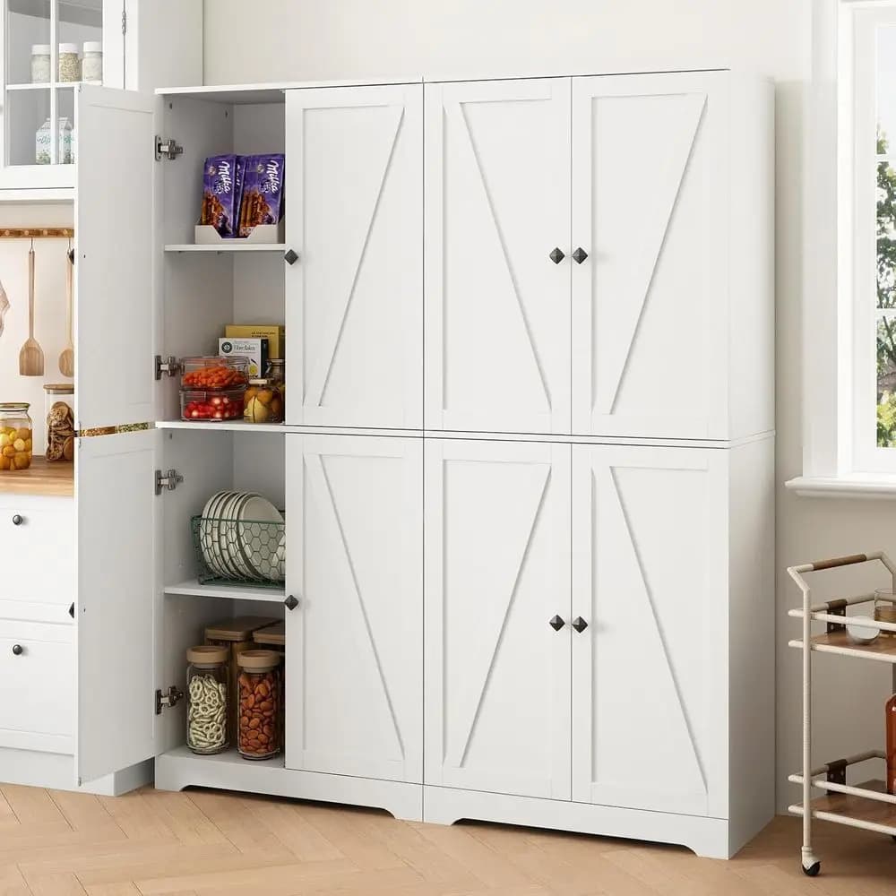 Set di 72 Armadietti Alti in Legno con 4 Ante Scorrevoli, Ripiani Regolabili, Maniglie Quadrate per Cucina, Sala da Pranzo o Bagno in Bianco