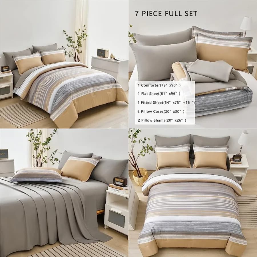 Set Copripiumino a Righe 7 Pezzi, Misura Full, Bianco a Righe, Set Completo di Copripiumino e Lenzuola, Microfibra Morbida per Tutte le Stagioni