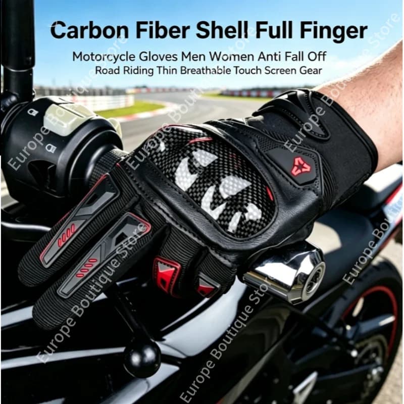 2026 NEW Men Women Carbon Fiber Shell Full Finger Motorcycle Gloves Anti Fall Off Road Thin Breathable Touch Screen Riding Gear