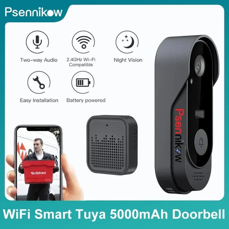 Campanello Wireless Tuya WIFI con Videocamera HD, Citofono Impermeabile da Esterno, Protezione di Sicurezza, Visione Notturna IR, Casa Intelligente