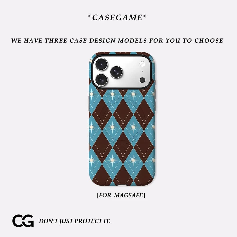 Casegame Cover Opaca Antiurto per iPhone 17 16 15 14 Plus 13 Pro Max con Bumper per MagSafe, in PC Rigido, Marrone Blu Argyle