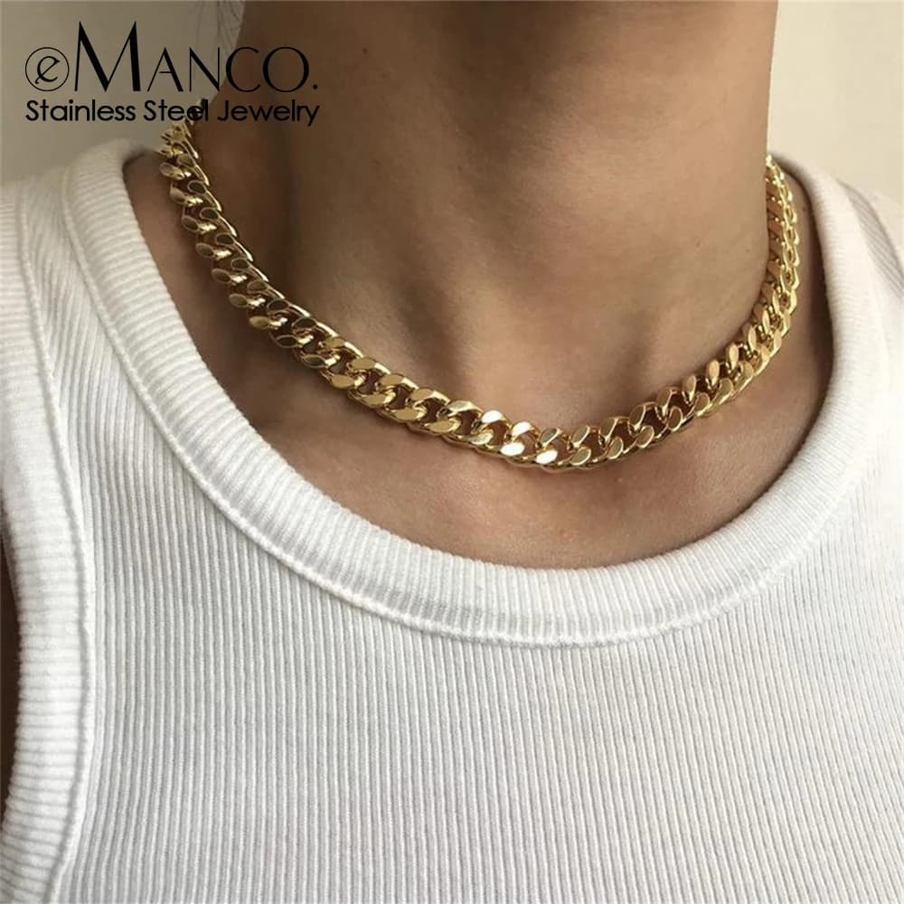 EMANCO Minimalist Stainless Steel Men's Cuban Chain Ring 2/3/4/6/8MM Gold Plated Necklace Women's Choker Colar Punk Jewelry