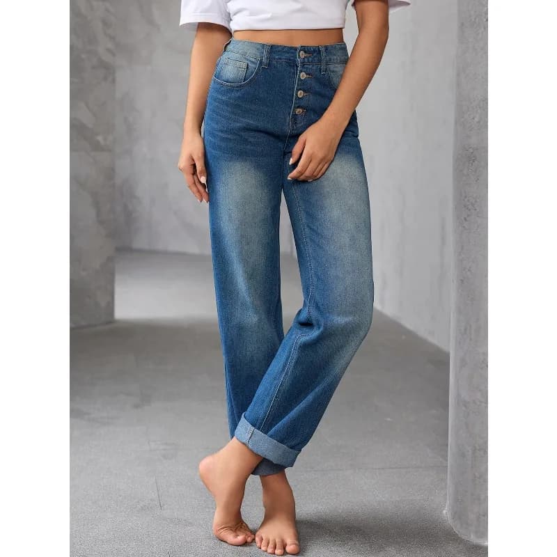 2026 Spring Autumn Women's High Waist Straight Leg Jeans Vintage Button Fly Baggy Denim Pants Casual Loose Fit Trousers