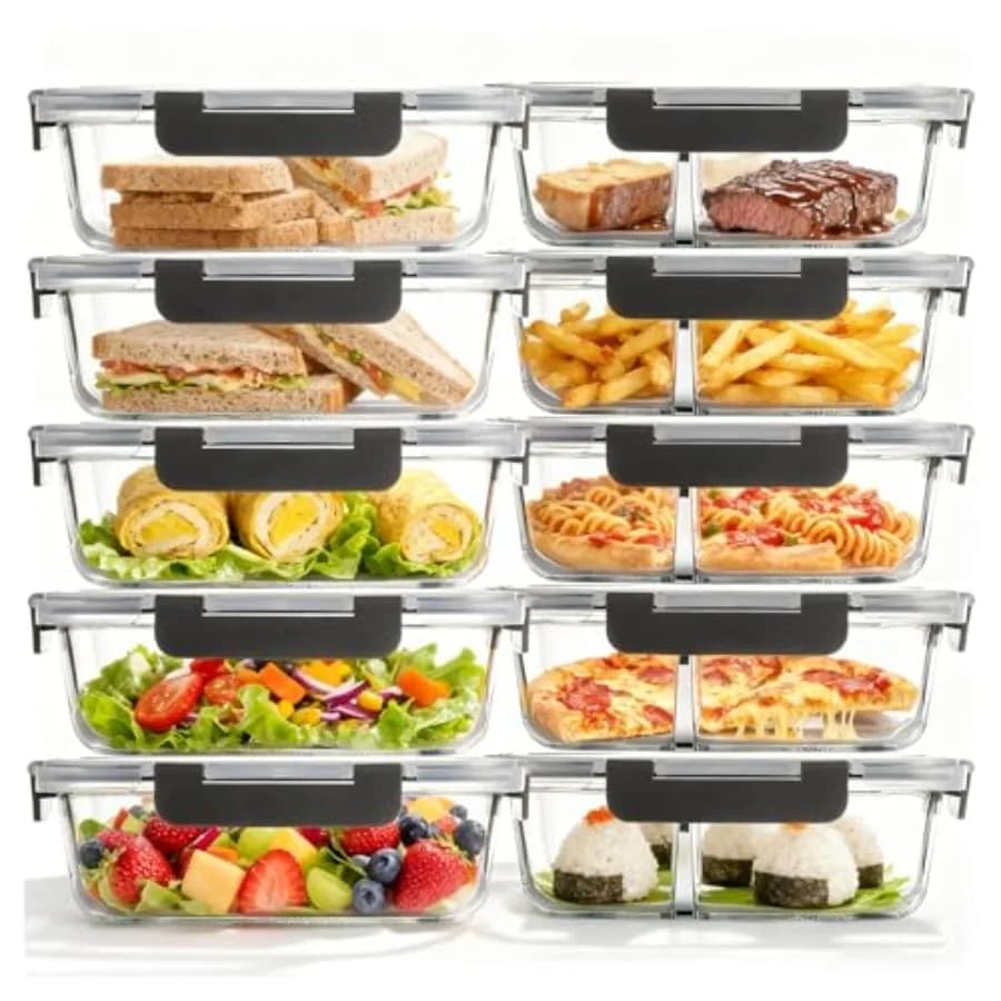 Contenitori in vetro per alimenti, 5 pezzi con divisori, 5 pezzi senza divisori, contenitori in vetro per la preparazione dei pasti con chiusura a scatto.