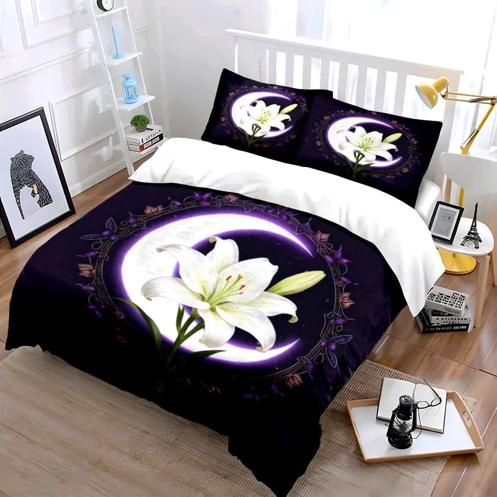 Set di decorazioni con disegno floreale a forma di luna, set di biancheria da letto con copripiumino morbido e confortevole, include 1 copripiumino e 2 federe, regalo