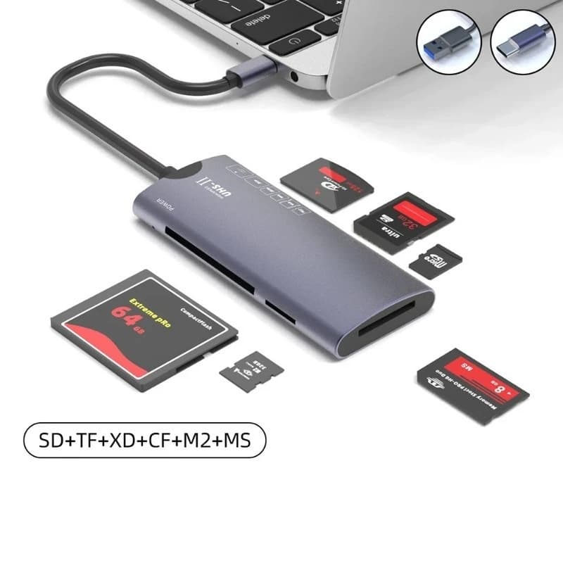 Lettore di Schede USB Tipo C Tutto in Uno, Adattatore per Micro SD TF XD CF M2 MS, Dongle per Scrittura e Visualizzazione Schede in Lega di Alluminio 6 in 1
