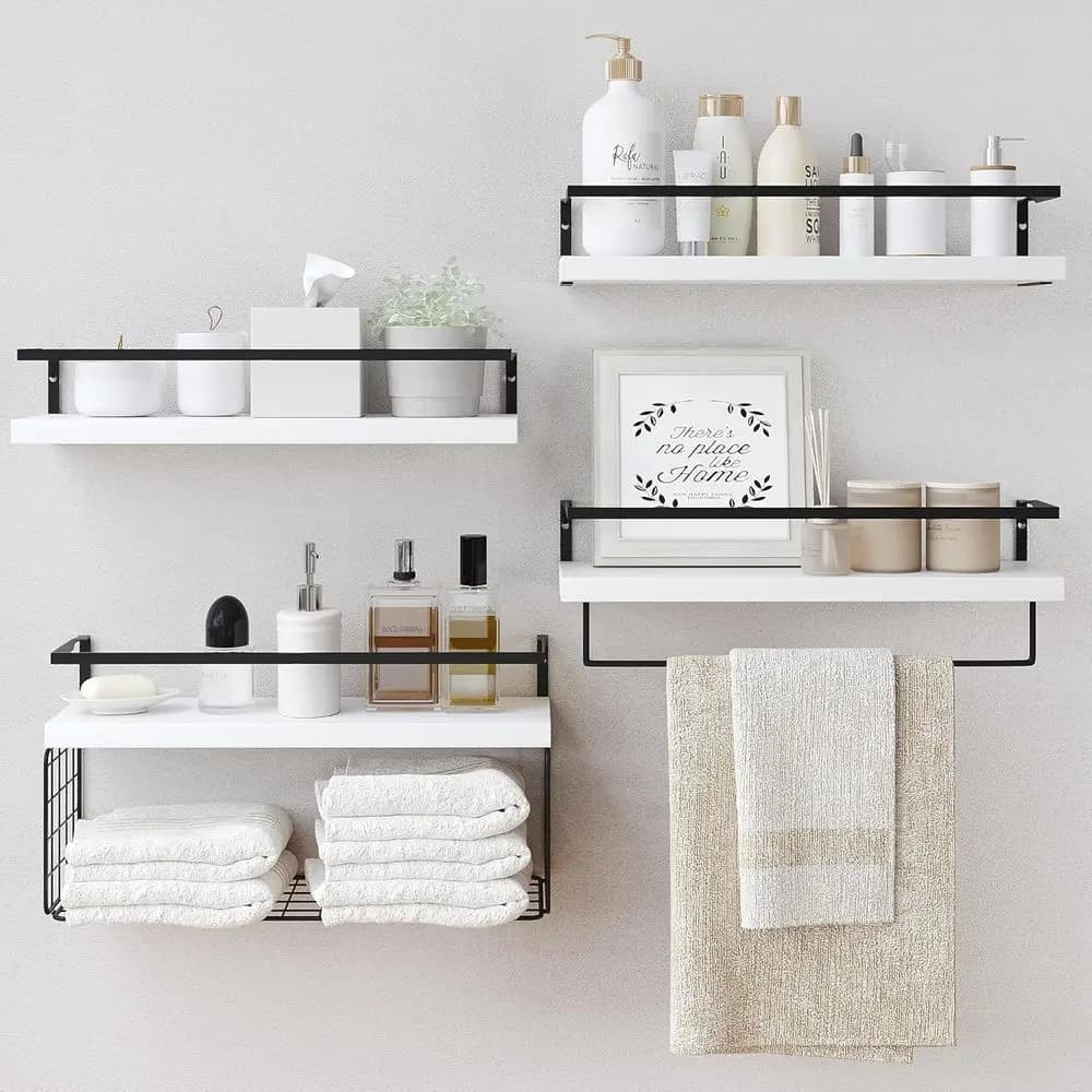 Set di ripiani galleggianti rustici a 4 livelli con cestino e portasciugamani per bagno, cucina e camera da letto