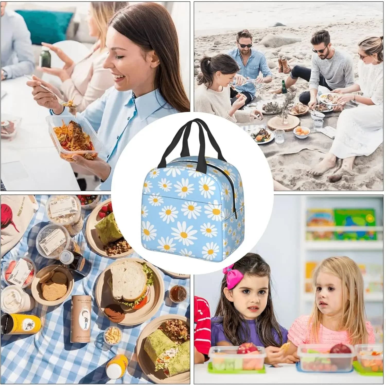 Pretty Floral Daisy Light Blue Lunch Bag Insulated Lunch Box Reusable Lunchbox Waterproof Portable Lunch Tote for Women Girls