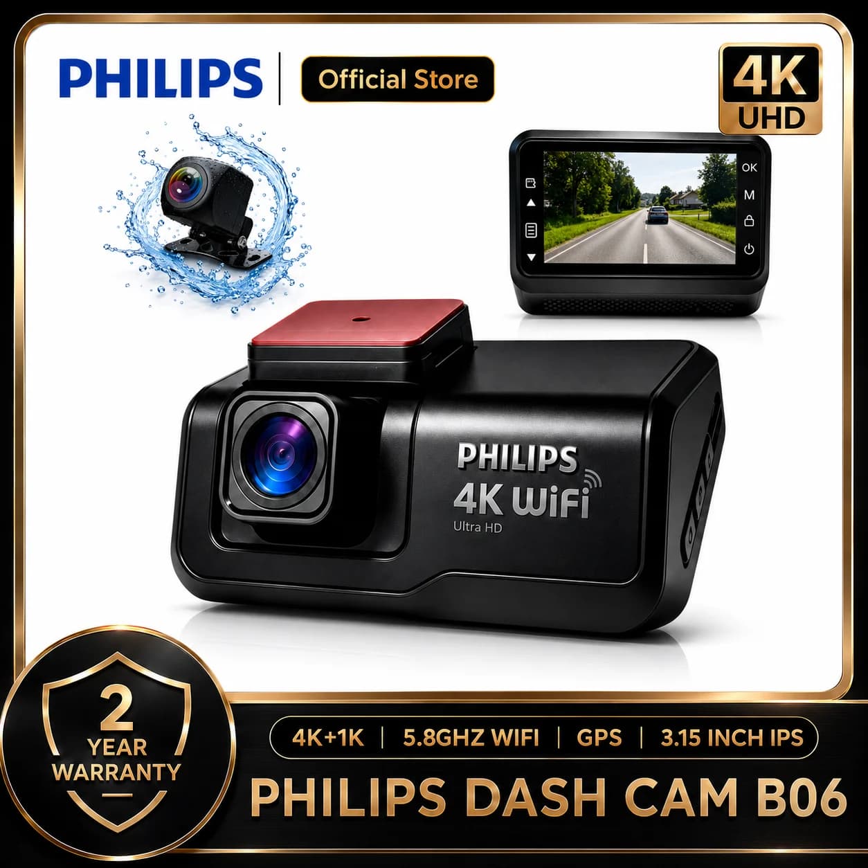 PHILIPS Dash Cam B06 4K+1K HDR Front Rear Waterproof Camera 3.15 IPS 2.4G 5.8G WiFi APP GPS Support 24H Parking Monitor Car DVR
