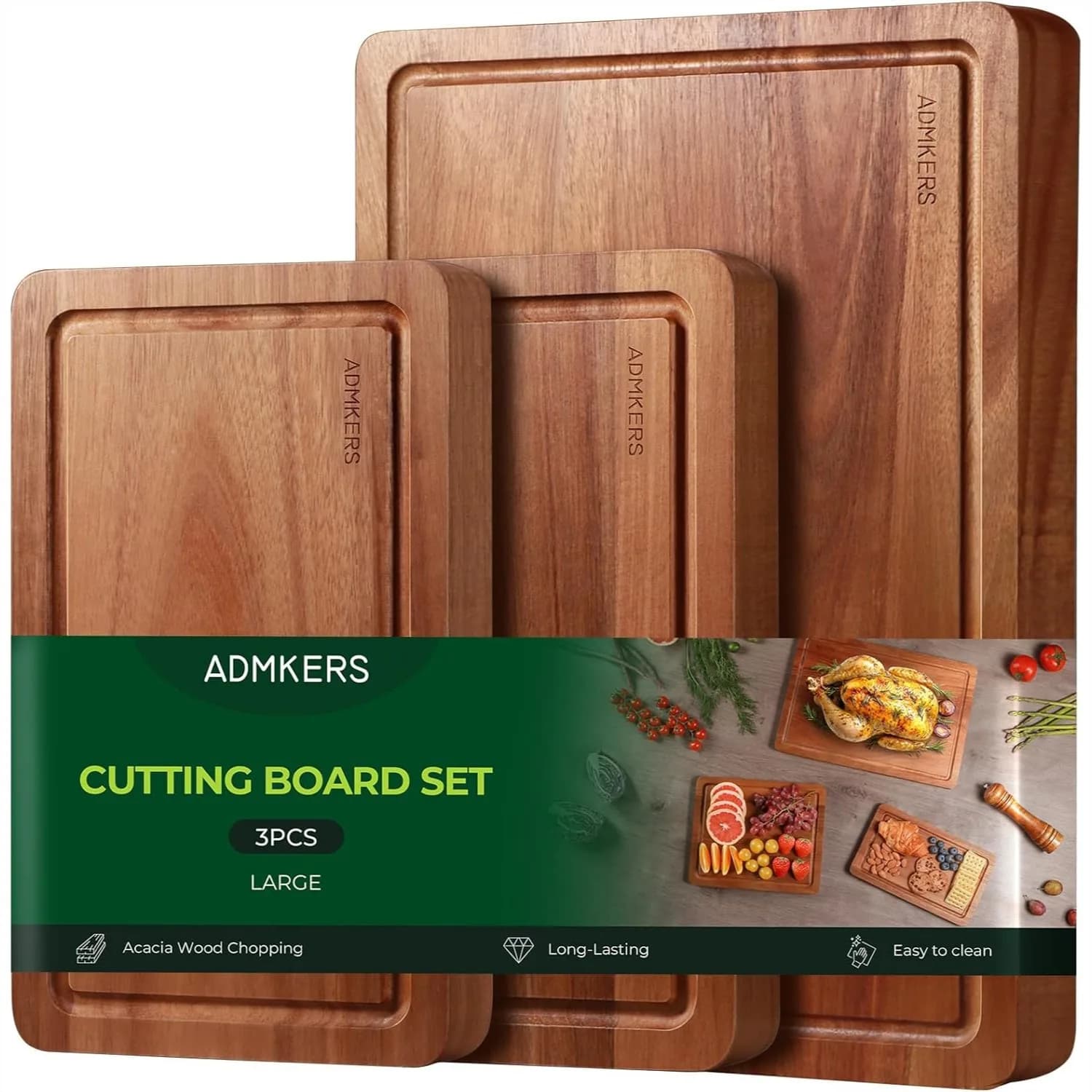 Set di 3 Taglieri in Legno di Acacia per Cucina, con Scanalature per Succhi, Grande Tagliere Solido per Carne, Formaggio, Verdure