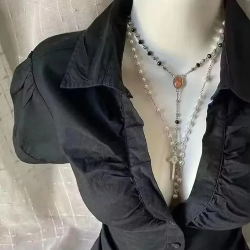 Harajuku Y2K Dark Blouse Female Lapel Short Sleeve Gathered V Neck Tight Waist Slim Shirt Goth Street Basic Casual Wear