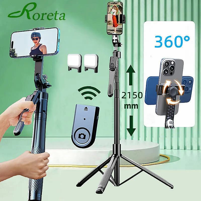 Roreta 2.15M 360 ° Selfie Stick con rotazione con luce di riempimento LED Bluetooth wireless Treppiede esteso con otturatore remoto per Android