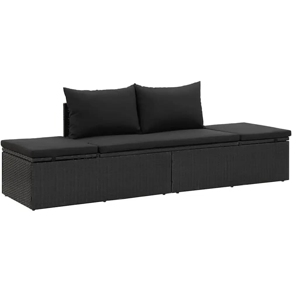 Divano da esterno con cuscini e guanciali, lettino prendisole regolabile, sedia a sdraio da patio per bordo piscina o veranda, in polyrattan nero
