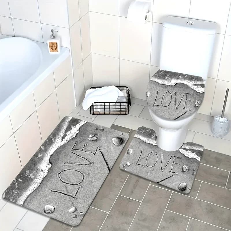 Tappetini da bagno a tema Beach Love da 3 pezzi Tappetini antiscivolo Tappetini da toilette Decorazione del bagno