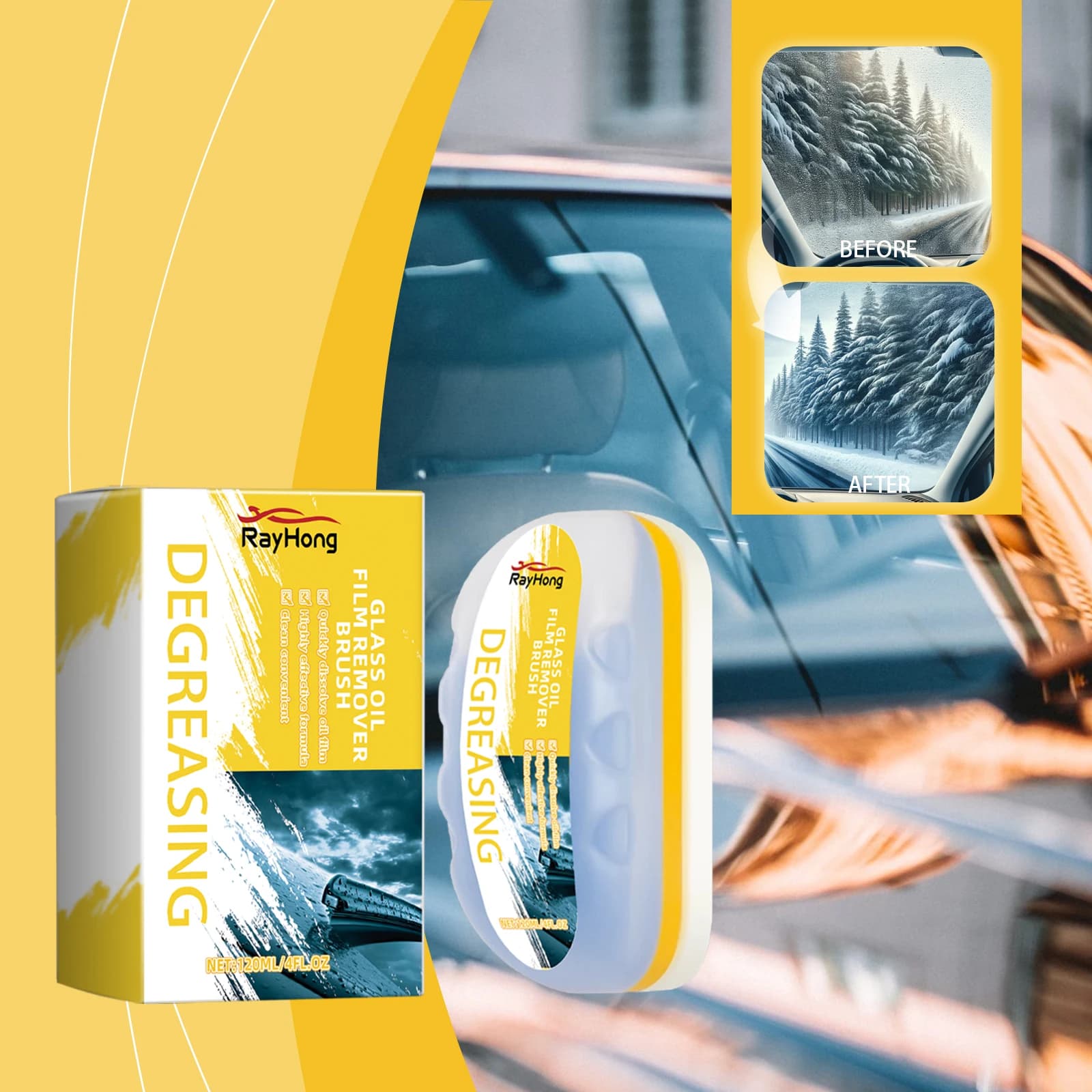 Detergente per Vetri e Parabrezza con Spazzola, Soluzione Idrorepellente per Finestrini Auto, Rimuove Pellicola Oleosa, Macchie di Insetti e Sporco Stradale