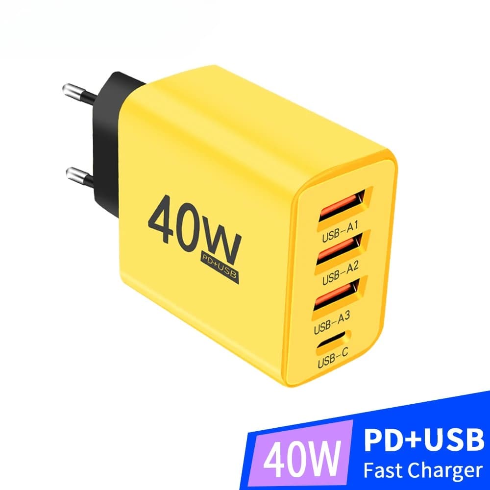 Caricatore USB C da 40W con 4 porte, ricarica rapida 3.0, adattatore di alimentazione con spina EU/US per iPhone, Samsung, Xiaomi, caricatore a ricarica rapida.