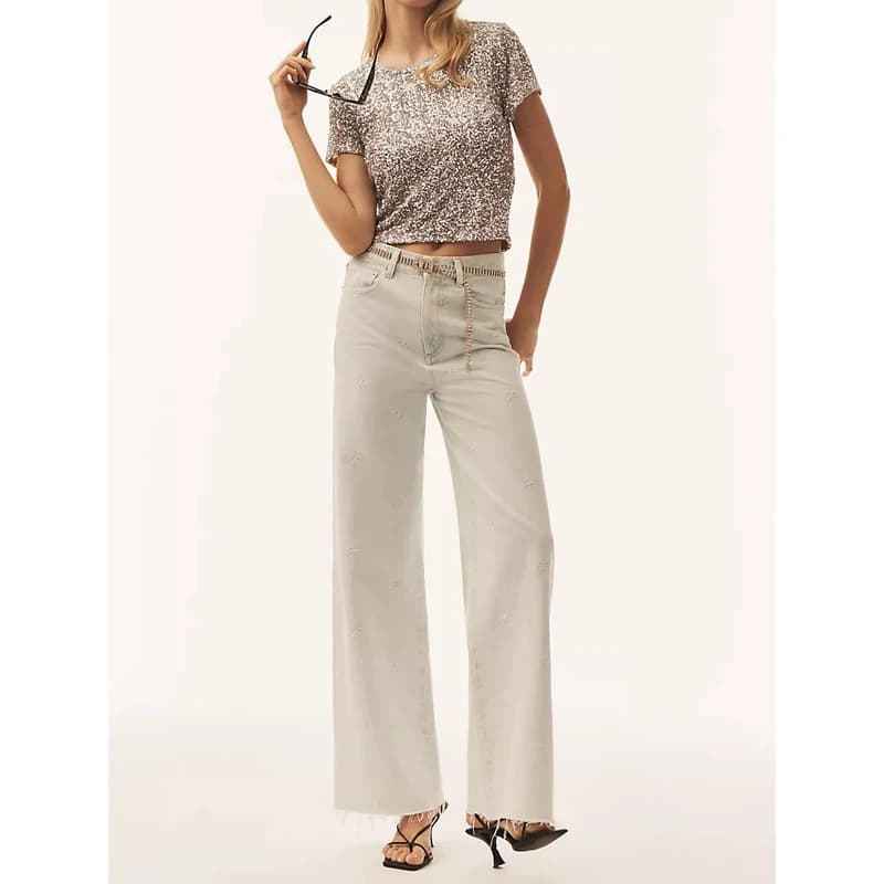 Women s Summer T Shirt Stylish Sequin Short Sleeve Round Neck Crop Tops for Casual Daily Wear