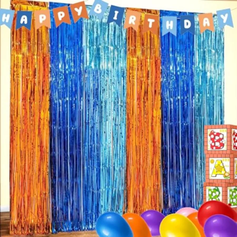 Blue Dog Man Birthday Party Decorations, 2 Packs OrangeandBlueandLight Blue Foil Fringe Curtains Birthday Party Suppiles, Photo