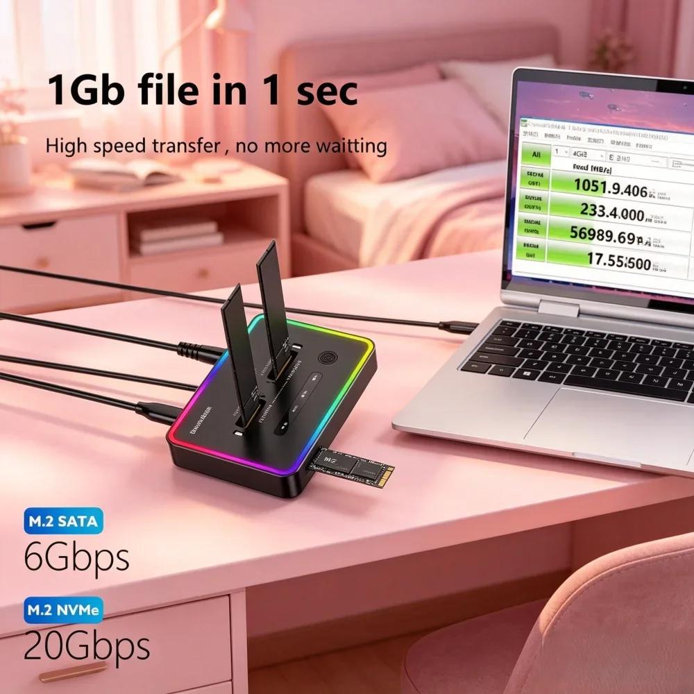 Box esterno per SSD M.2 a 2 bay con doppio protocollo, docking station Type-C da 10 Gbps con clonazione offline, supporta NVMe e SATA M.2