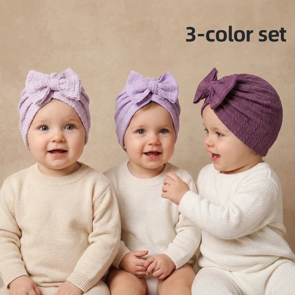 Nuovo set di cappelli jacquard con fiocco per bambini in 3 colori, cappello con fiocco in tinta unita per ragazze, berretto senza cuciture per neonati