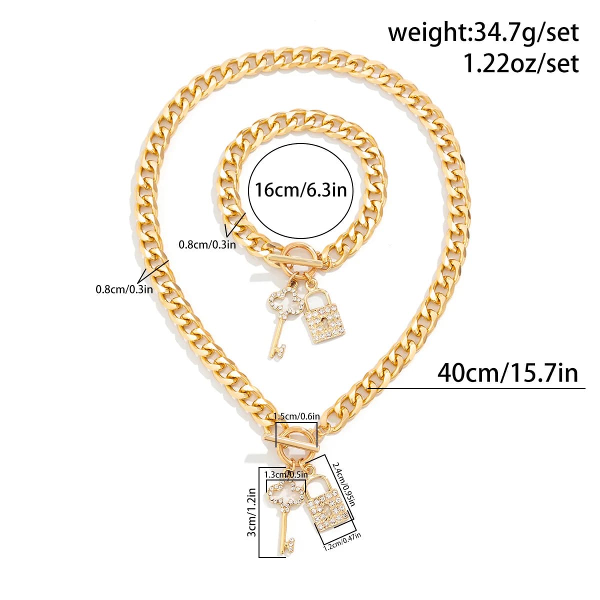 Set di gioielli con catena a maglia curba oro e argento, 2 pezzi, collana e bracciale con ciondoli a strass a forma di lucchetto e chiave, regalo di tendenza