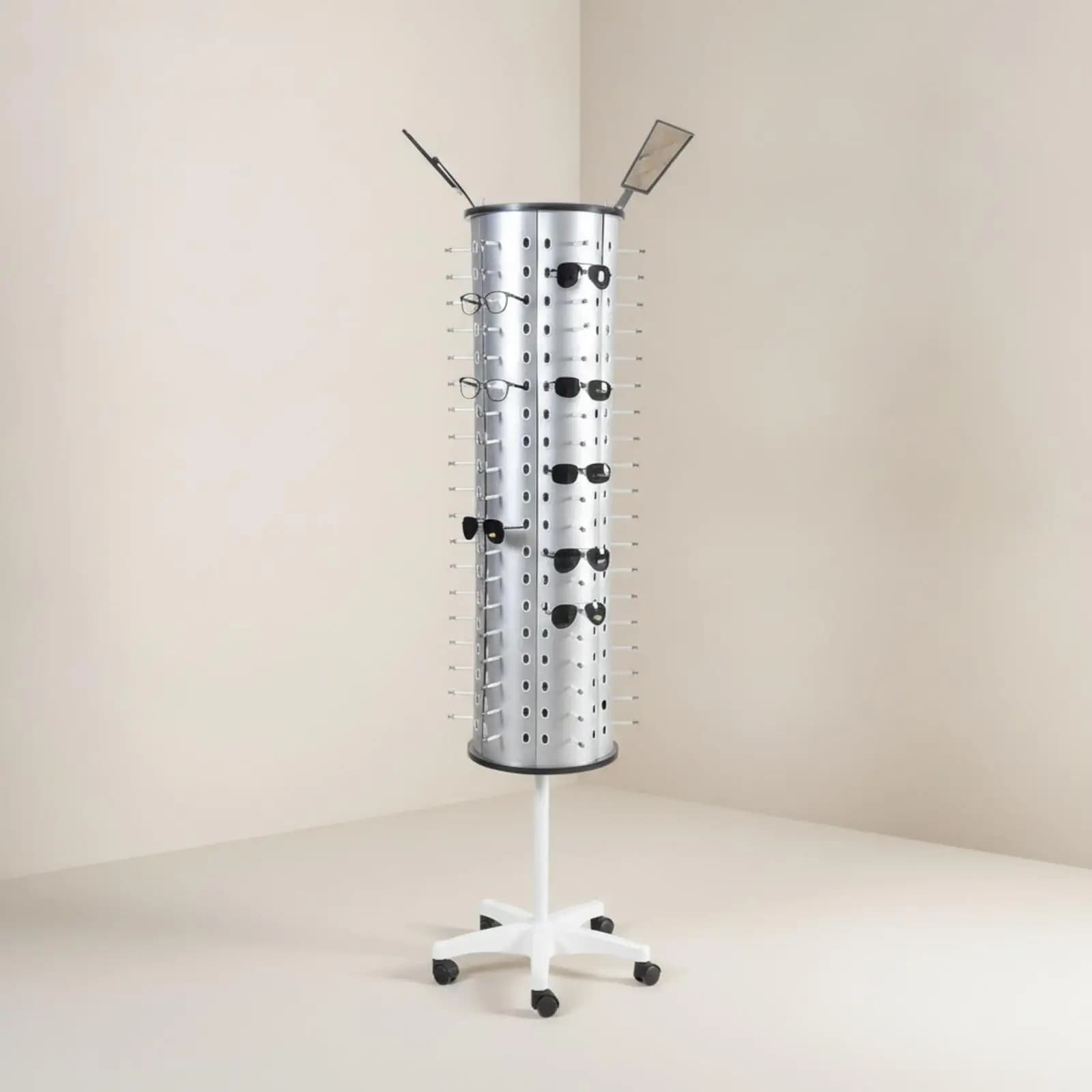 Silver Rotating Glasses Display Rack with Hinged Mirror Panels for Shop Counter Merchandising