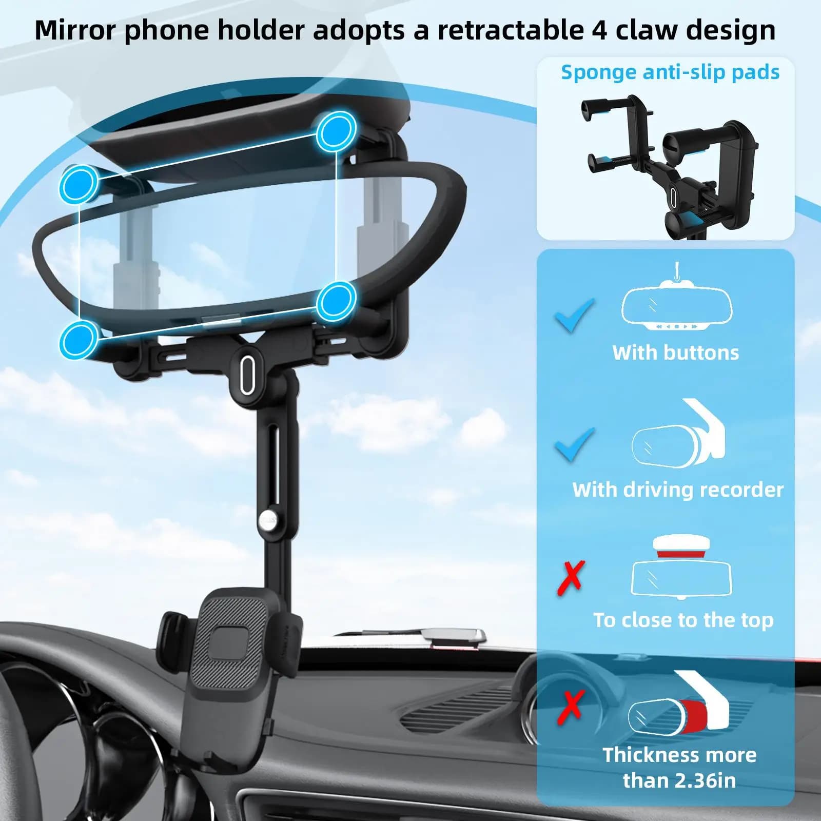 Car Rearview Mirror Phone Mount Multipurpose for Smartphones Adjustable Car
