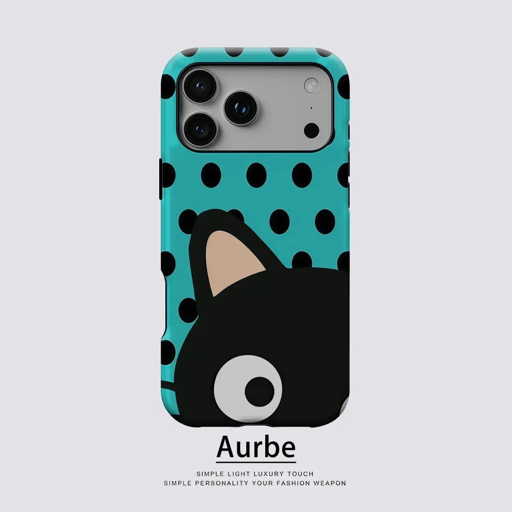 Custodia Aurbe Matte 2-in-1 con Pellicola e Supporto MagSafe per iPhone 17 16 15 14 Plus 17 Pro Max, Antiurto, Rigida, con Gatto a Pois Turchese