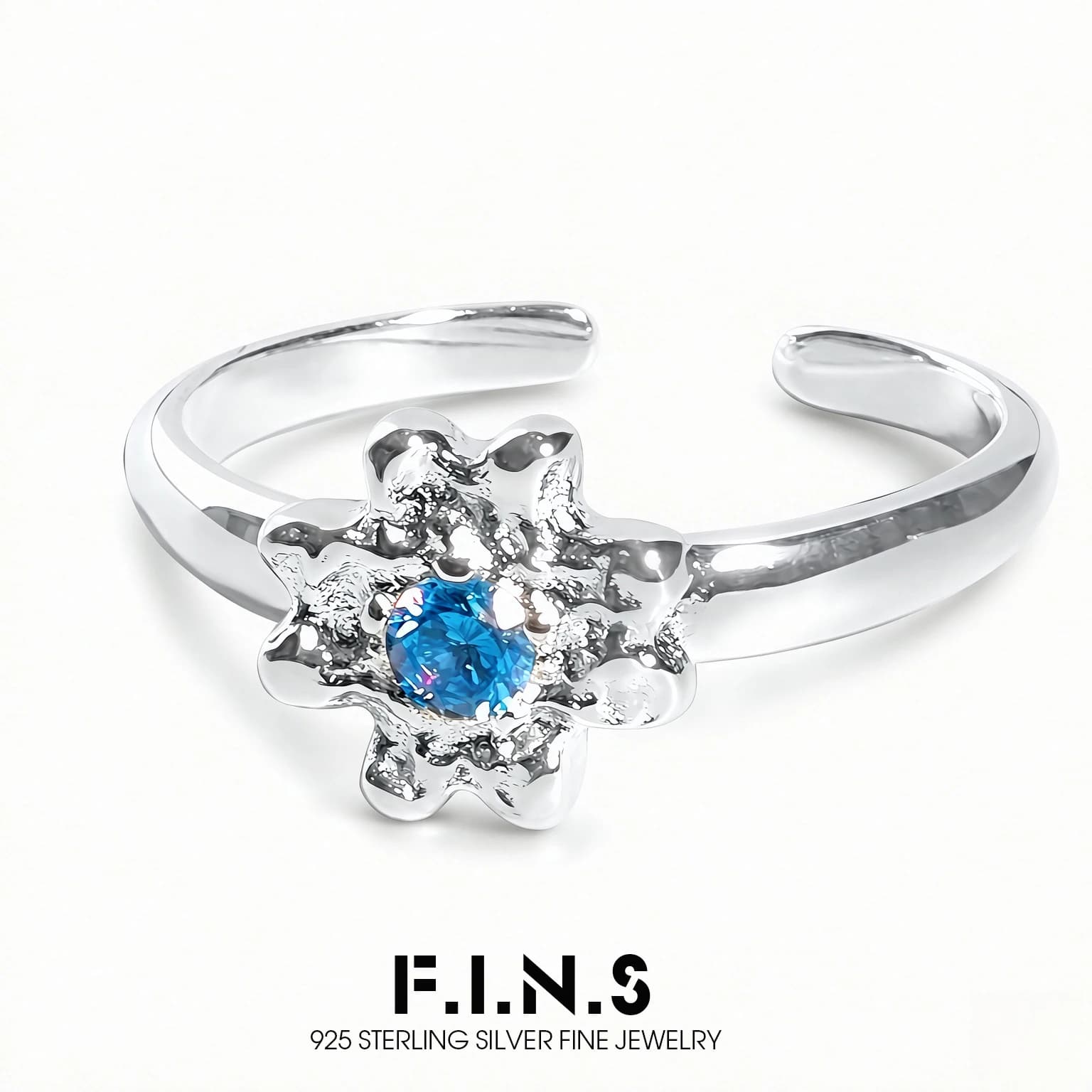 F.I.N.S Original Design Blue Cubic Zirconia S925 Sterling Silver Ring For Women Lava Texture Clover Open Adjustable Finger Jewel