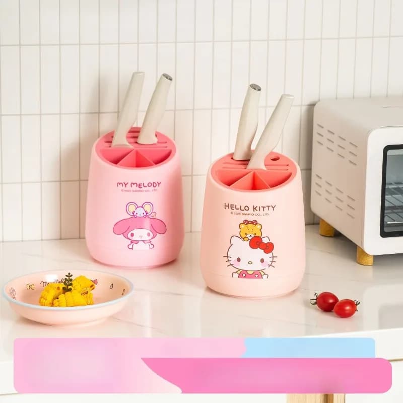 Kawaii Sanrio KT Cat Cartoon Knife Holder, Integrated Chopstick Tube Drainage Rack, Multifunctional Kitchen Storage Shelf