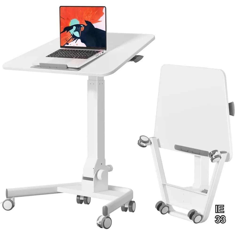 Scrivania pieghevole regolabile con ruote, postazione di lavoro portatile per laptop per ufficio domestico, bianca