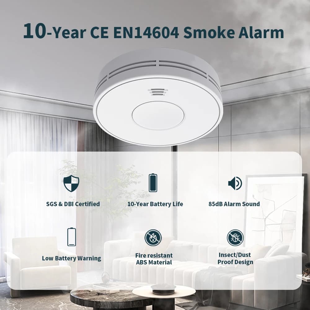 Allarmi di fumo a batteria da 10 anni per la casa, rilevatore di fumo fotoelettrico, allarme antincendio con indicatore LED e pulsante di silenzio VS01