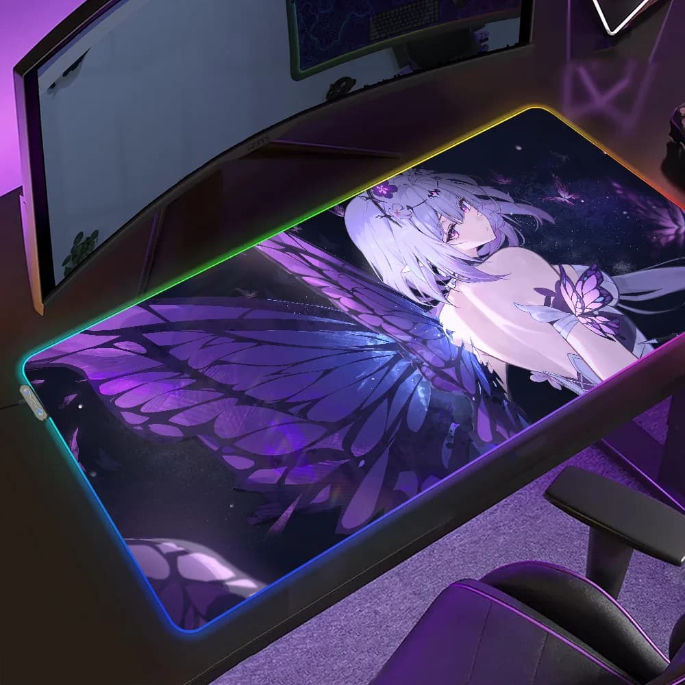 Tappetino per Mouse da Gioco Honkai Star Rail Castorice, Mousepad LED, Tappetini da Tavolo con Retroilluminazione Micro USB, Tappetini da Scrivania RGB in Gomma XXL
