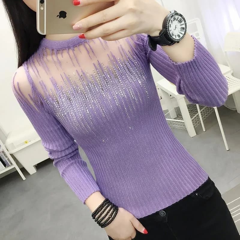 With Rhinestones Ladies Pullovers Trend on Promotion Autumn Winter 2025 Elegant Original Wear To Work Mesh Women's Knit Sweater