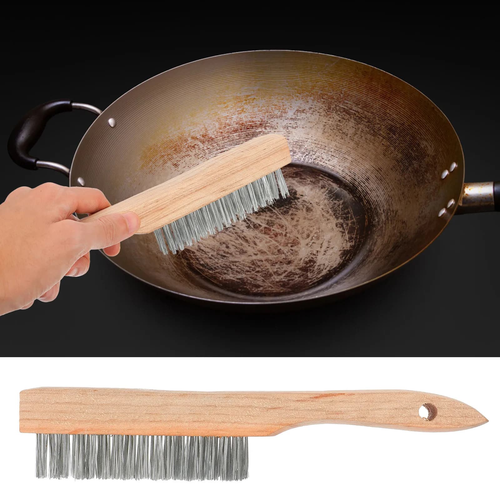 Spazzola in Filo d'Acciaio Resistente per Rimozione Ruggine, Pulizia Vernice, Saldature e Lucidatura Superfici Metalliche, con Manico in Legno