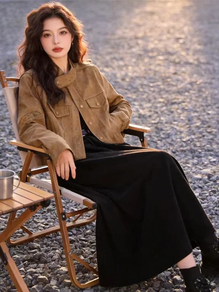 Retro American Coffee Color Women's Spring Fashion Short Coat Strap Halter Skirt Travel Style Three-piece Set High Waist Long...