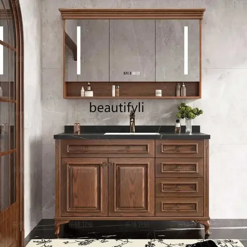 ls 42Nuovi arrivi Armadietto da bagno americano Piastra in pietra Armadietto da bagno antico in legno massello Lavabo Specchio intelligente Wash Ba