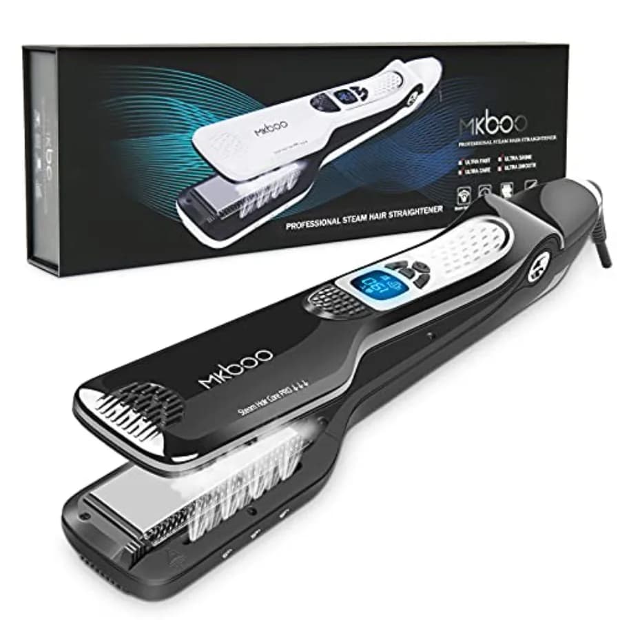 Piastra per Capelli MKBOO con Vapore, Professionale da Salone, in Titanio e Ceramica, con Pettine Rimovibile, Display LCD Digitale, 5 Livelli