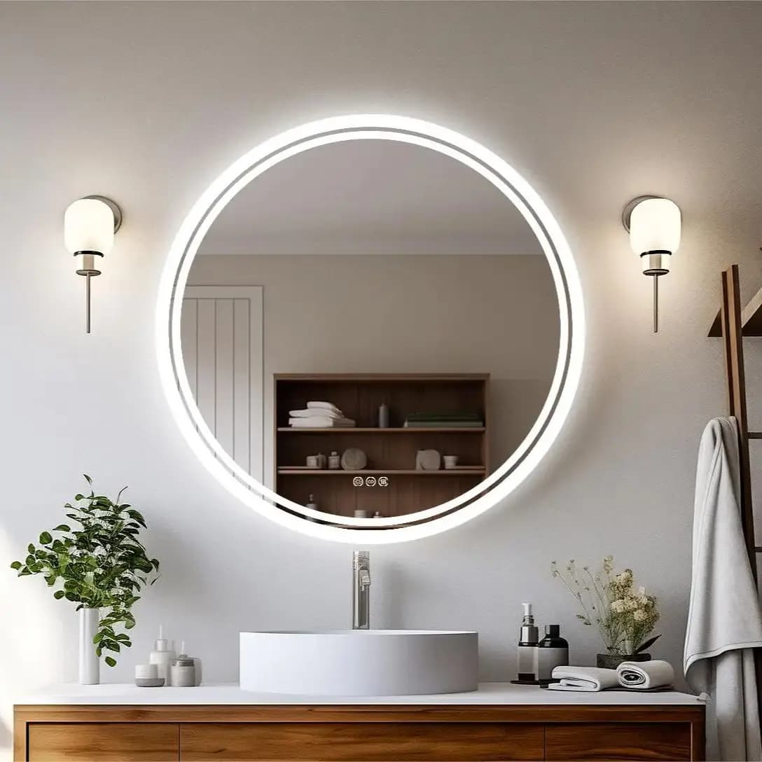 Grande specchio da bagno rotondo a LED antiappannamento con luci più luminose per montaggio a parete per trucco Smart Touch