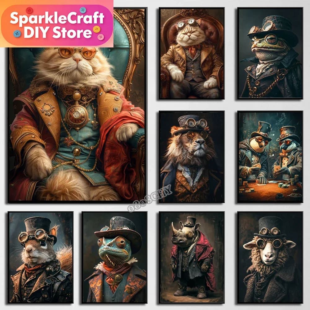 1pc frameless Steampunk Animals Royal Cat Sheep Dog Squirrel Rhino Diamond Painting Girl Full Round Embroidery 5D DIY Mosaic Kit