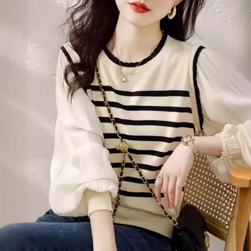 Women Striped Knit Top Ruffle Neck Spliced Lantern Long Sleeve Casual Commuter Knitwear Blouse For Spring