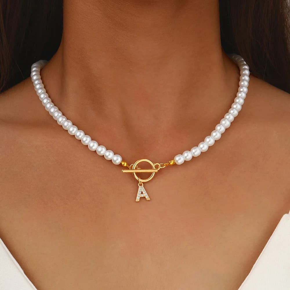 Alloy Rhinestone Letter Pendant Necklaces White Plastic Imitation Pearl Round Beaded Initial Necklaces for Women Golden Letter A