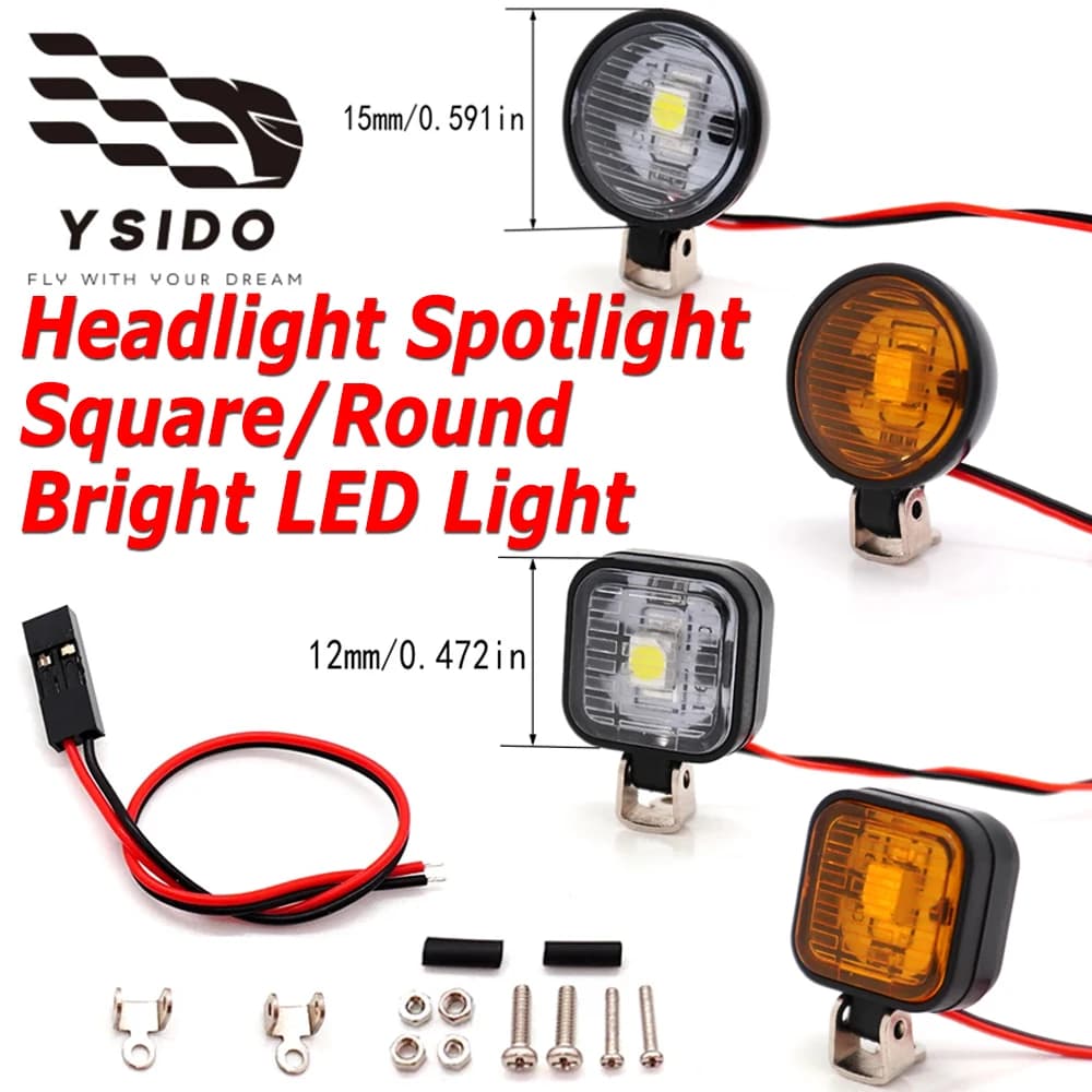 YSIDO White Yellow Square/Round Bright LED Light Headlight Spotlight with Bracket for Remote control RC Car Model Upgrade Parts