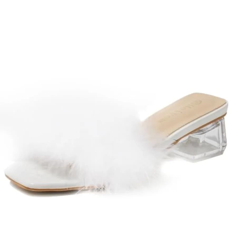 Sandali da donna con tacco basso e plateau, punta quadrata, trasparenti, con piume soffici, slip-on, per matrimoni, feste e occasioni eleganti