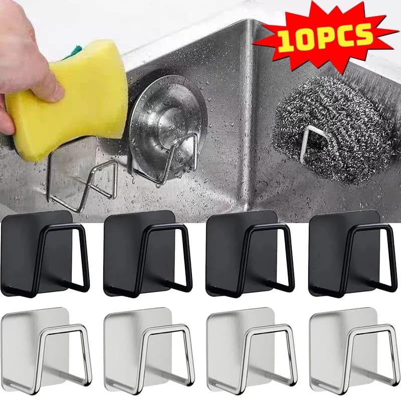 4-10Pcs Kitchen Stainless Steel Sink Sponges Holder Self Adhesive Drain Drying Rack Shelf Household Wall Hooks Storage Organizer
