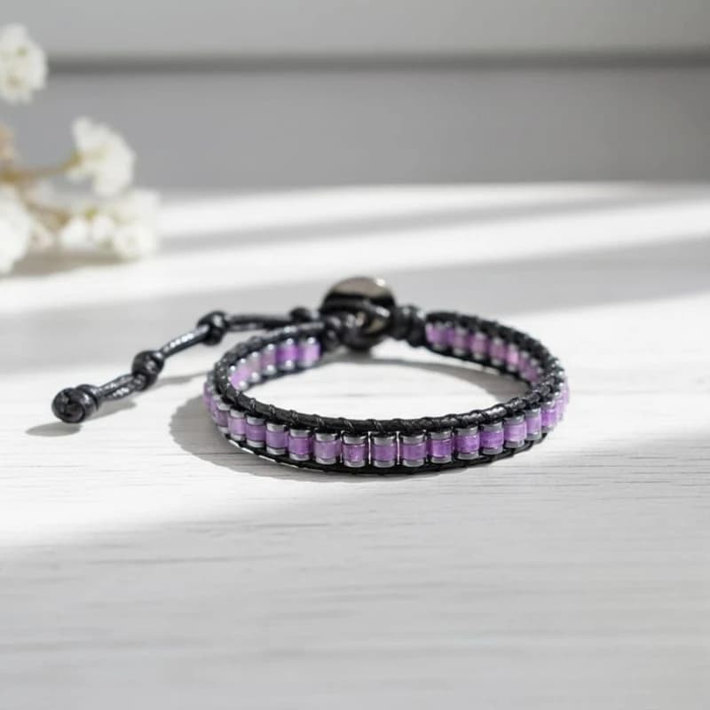Bracciale in pelle con cristalli viola di ametista naturale ed ematite, regalo di Natale per coppie