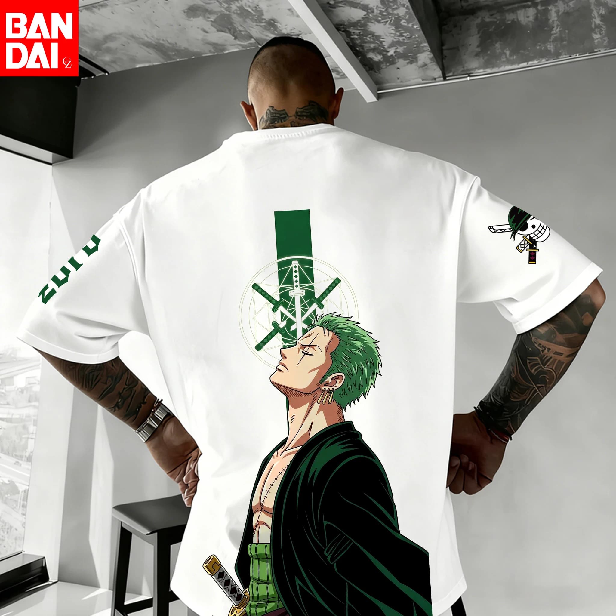 One Piece 2026 Estate Uomo Streetwear Anime Grafica Oversize Manica Corta Casual Quotidiano Roronoa Zoro Spada Arte Lama Verde