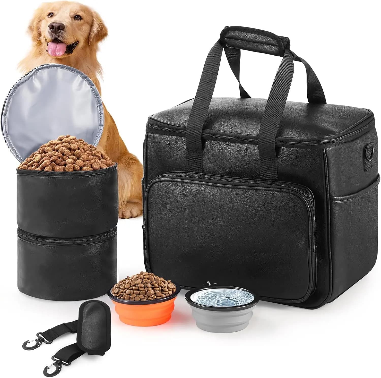 Set di borse da viaggio in pelle per cani e gatti, approvate dalla compagnia aerea con multitasche, contenitori per alimenti e ciotole pieghevoli